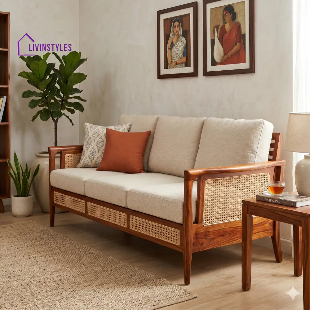 Diya Sheesham Wood and Cane Sofa for Living Room