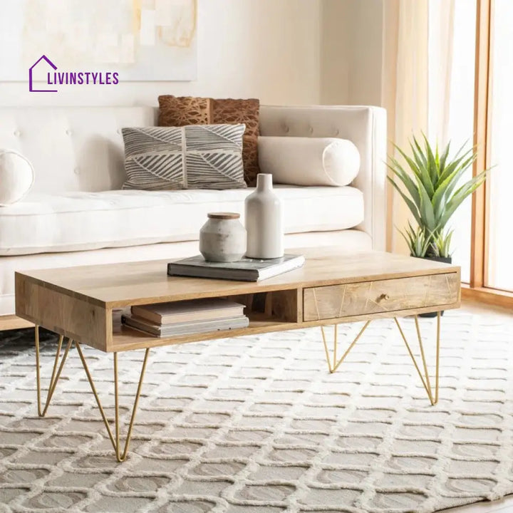 Diya Solid Wood and Metal Coffee Table for Living Room