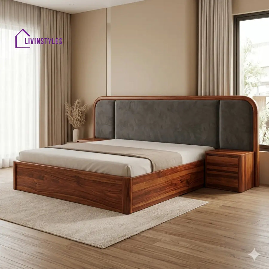 Dmitry Premium Sheesham Wood Bed with Velvet Headboard