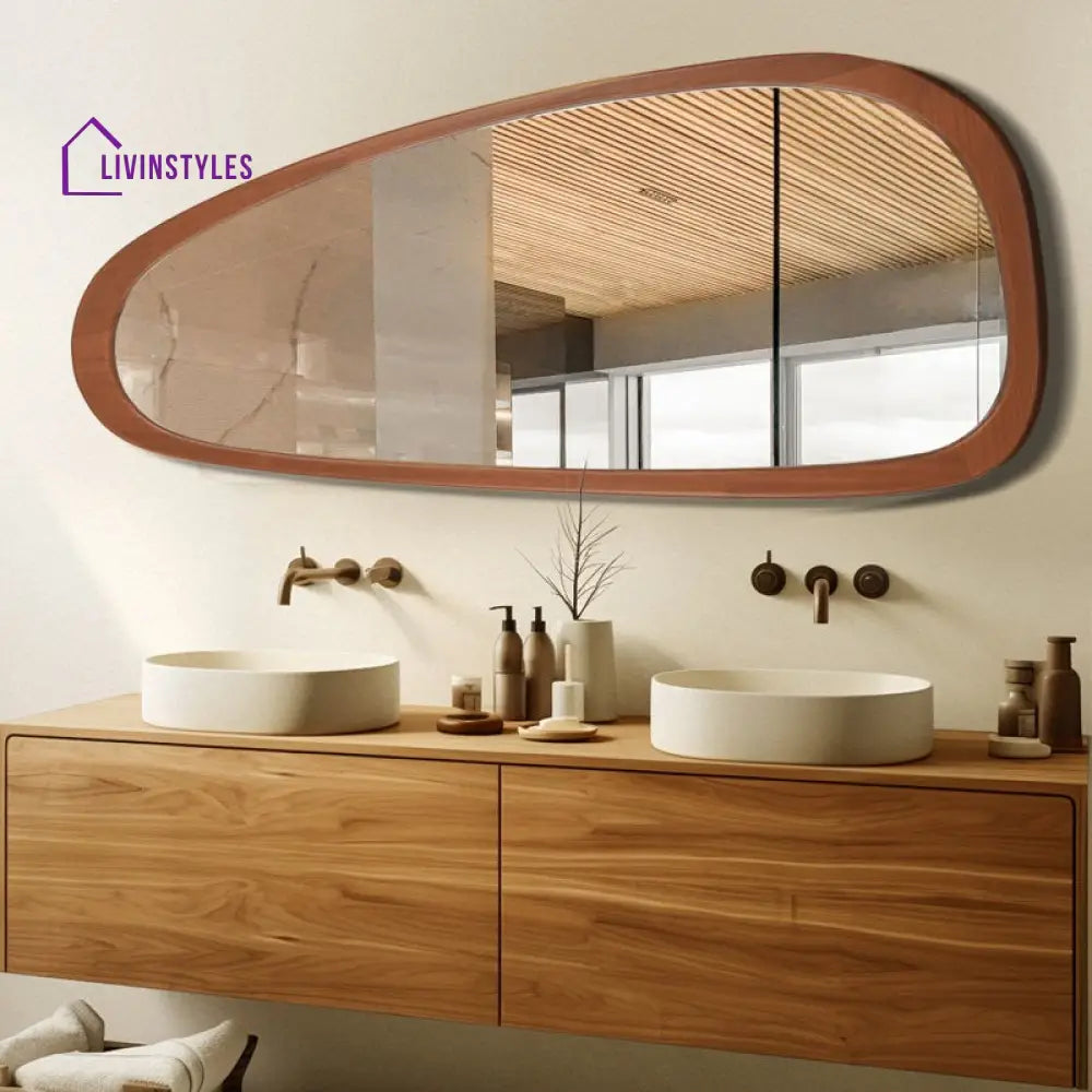 Adouer Wood Signature Irregular Mirror - Premium Solid Wood Frame - Minimalist Abstract Wall Art-for Living Room