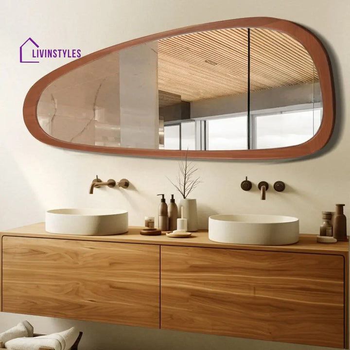 Adouer Wood Signature Irregular Mirror - Premium Solid Wood Frame - Minimalist Abstract Wall Art-for Living Room