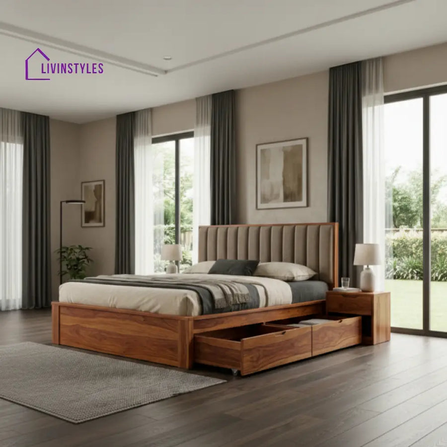 Dominic Premium Sheesham Wood Bed with Fabric Headboard