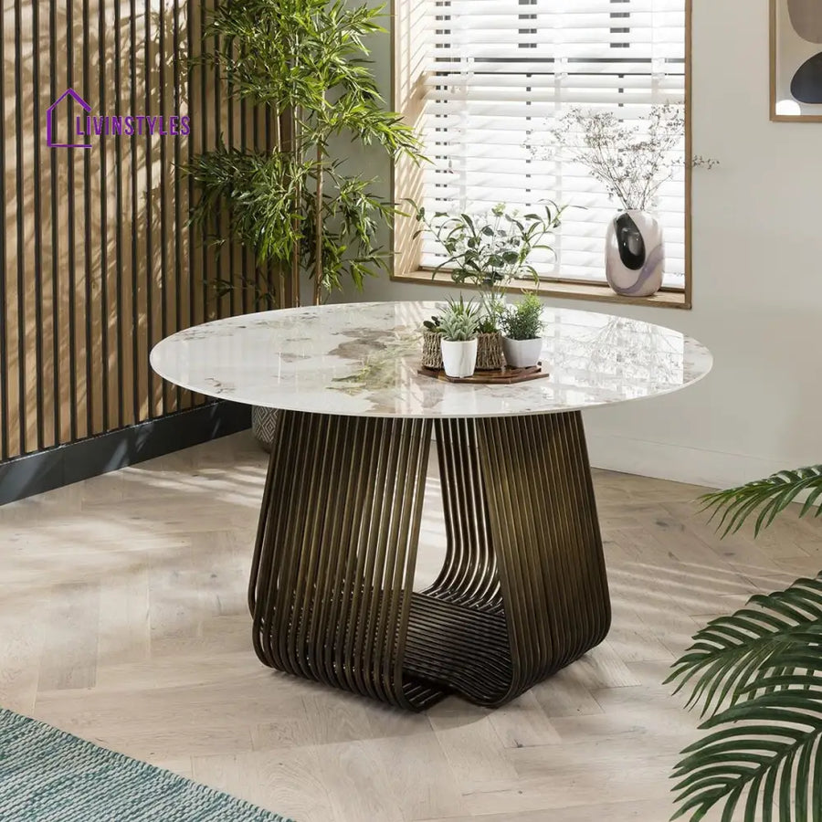 Round Dining Room Marble Top Gold Base Dining Table Modern Dining