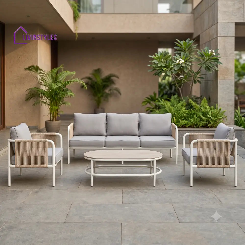 Domitille 3 Seater Outdoor Sofa Set With Rope Weave Metal Frame And Coffee Table