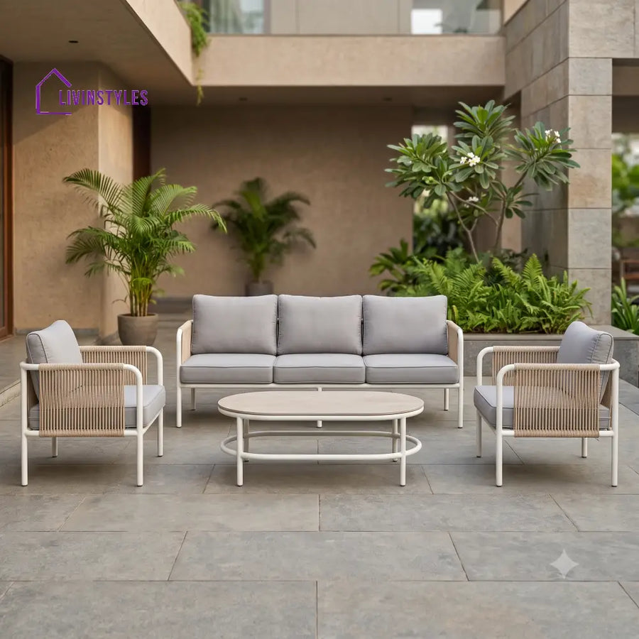Domitille 3 Seater Outdoor Sofa Set With Rope Weave Metal Frame And Coffee Table