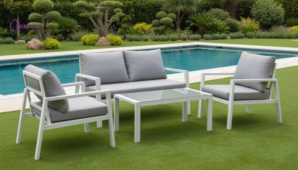 Dona Outdoor Sofa Set 2 Seater 2 Single seater and 1 Center Table (White + Grey) - Sofa Sets