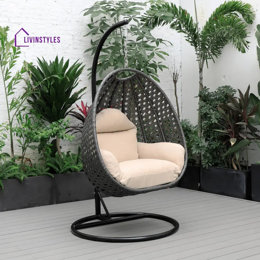 Doriano Single Seater Hanging Swing With Stand For Balcony Garden (Drak Grey) - Beige - Swings