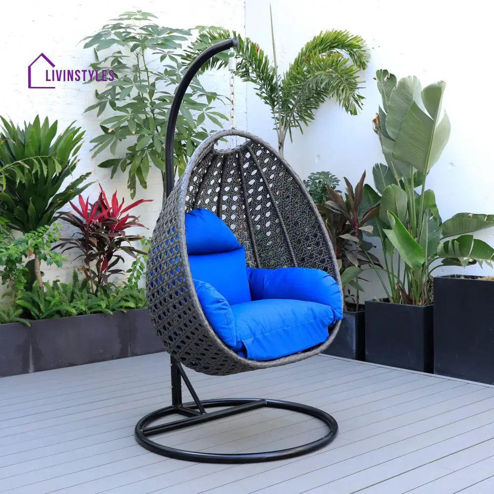 Doriano Single Seater Hanging Swing With Stand For Balcony Garden (Drak Grey) - Blue - Swings
