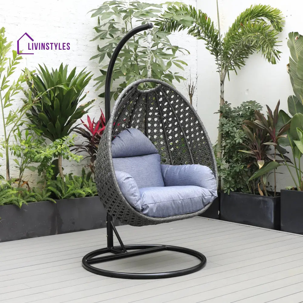 Doriano Single Seater Hanging Swing With Stand For Balcony Garden (Drak Grey) - Charcoal Blue - Swings