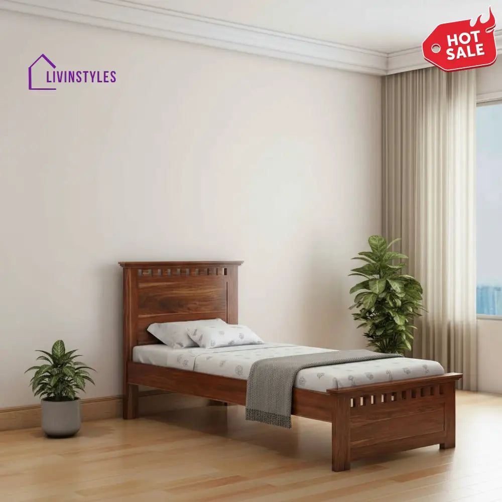 Dorotea Solid Sheesham Wood Single Bed Without Storage (Natural Finish) Bed