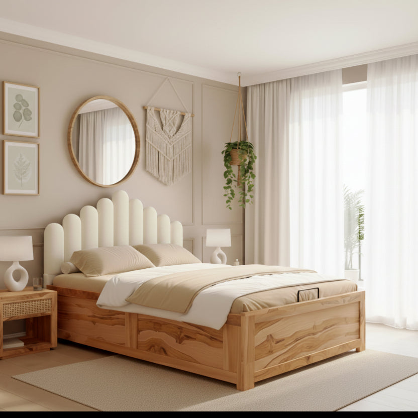 Huy Real Teak wood Hydraulic Bed King Size - Light Beige