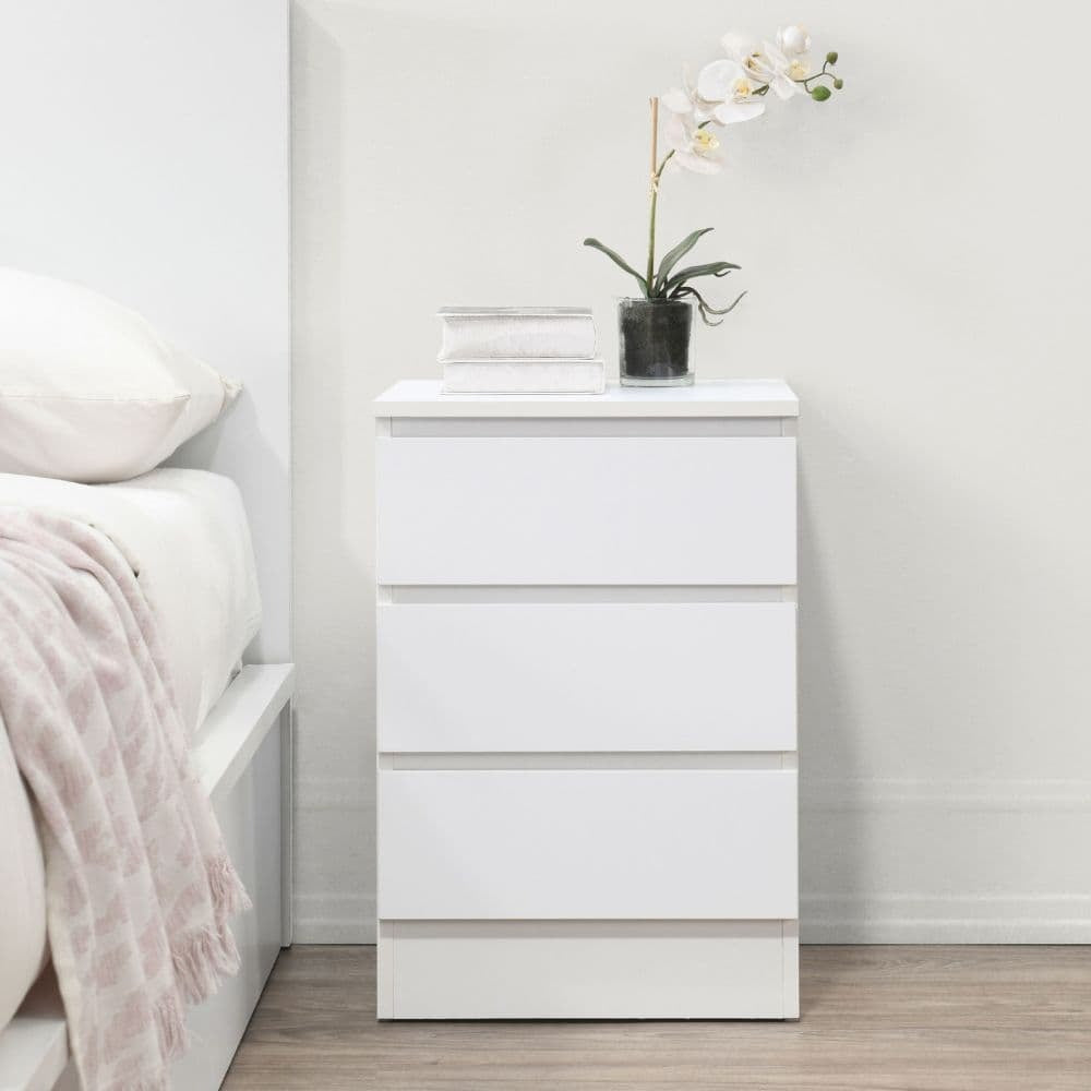 Luna 3-Drawer White Bedside Table