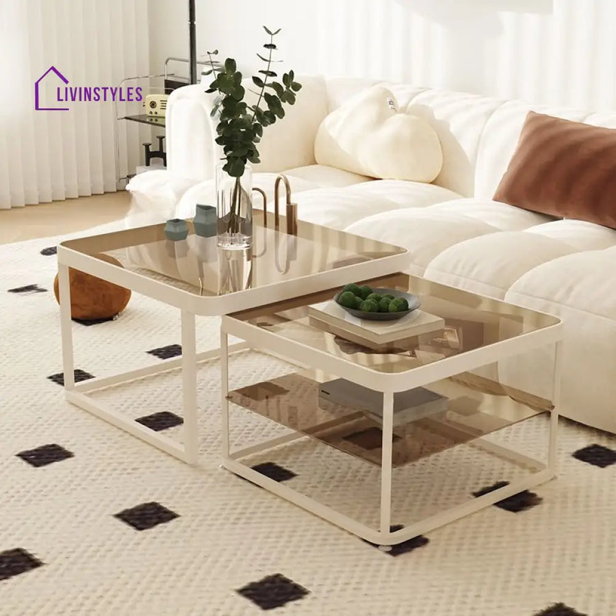 Drift Metal Coffee Table for Living Room | White Coating | Glass Top