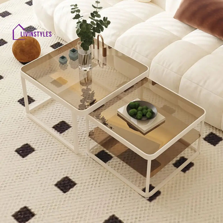 Drift Metal Coffee Table for Living Room | White Coating | Glass Top