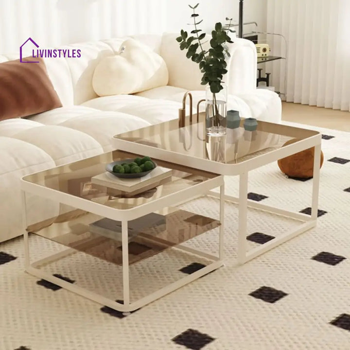 Drift Metal Coffee Table for Living Room | White Coating | Glass Top