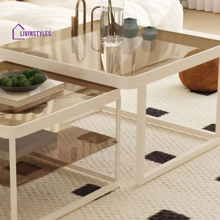 Drift Metal Coffee Table for Living Room | White Coating | Glass Top