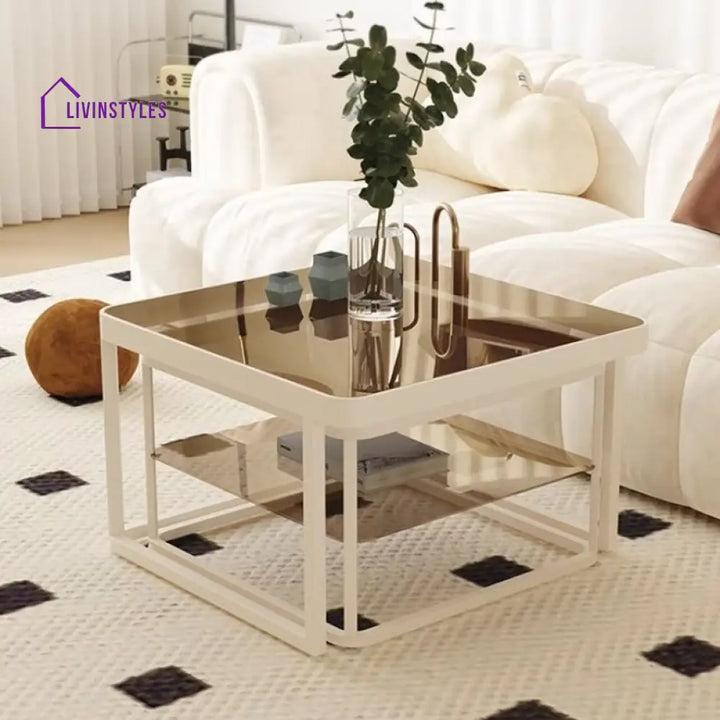 Drift Metal Coffee Table for Living Room | White Coating | Glass Top
