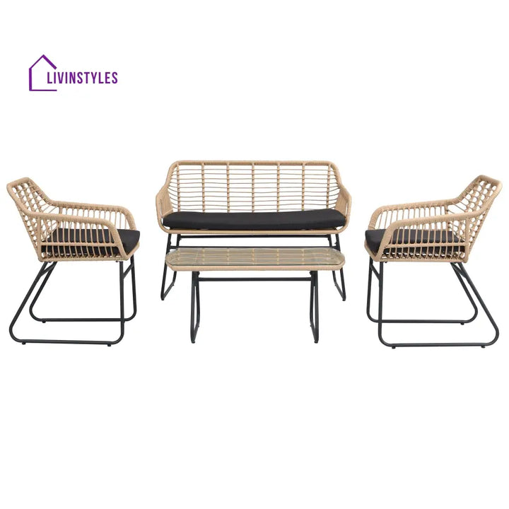 Drinus Outdoor Garden Balcony Sofa Set 2 Seater 2 Single seater and 1 Center Table Set (Black + Tan) - Sofa Sets