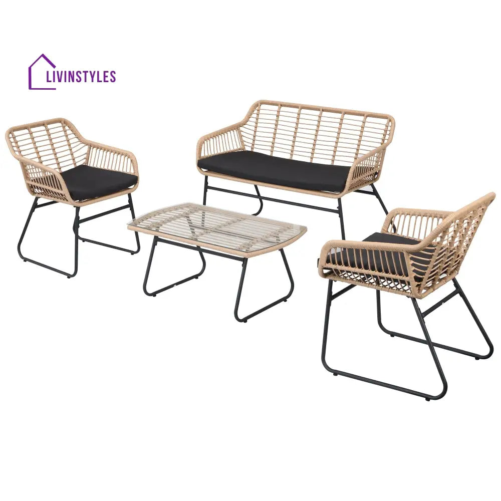Drinus Outdoor Garden Balcony Sofa Set 2 Seater 2 Single seater and 1 Center Table Set (Black + Tan) - Sofa Sets