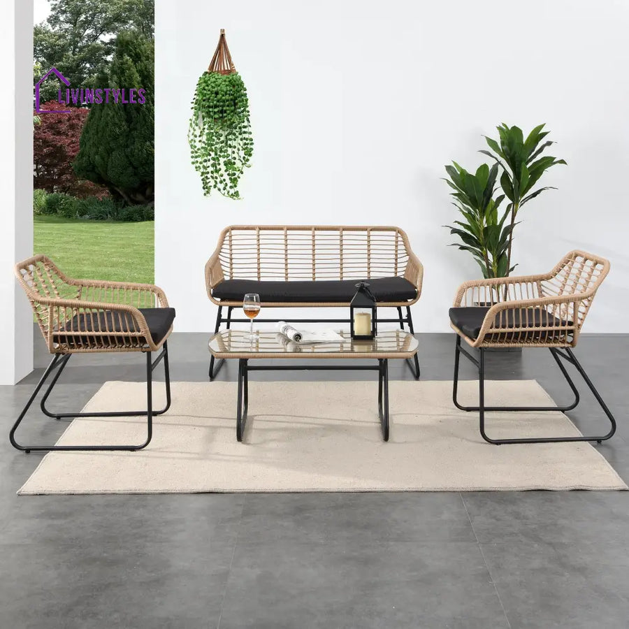 Drinus Outdoor Garden Balcony Sofa Set 2 Seater 2 Single seater and 1 Center Table Set (Black + Tan) - Sofa Sets