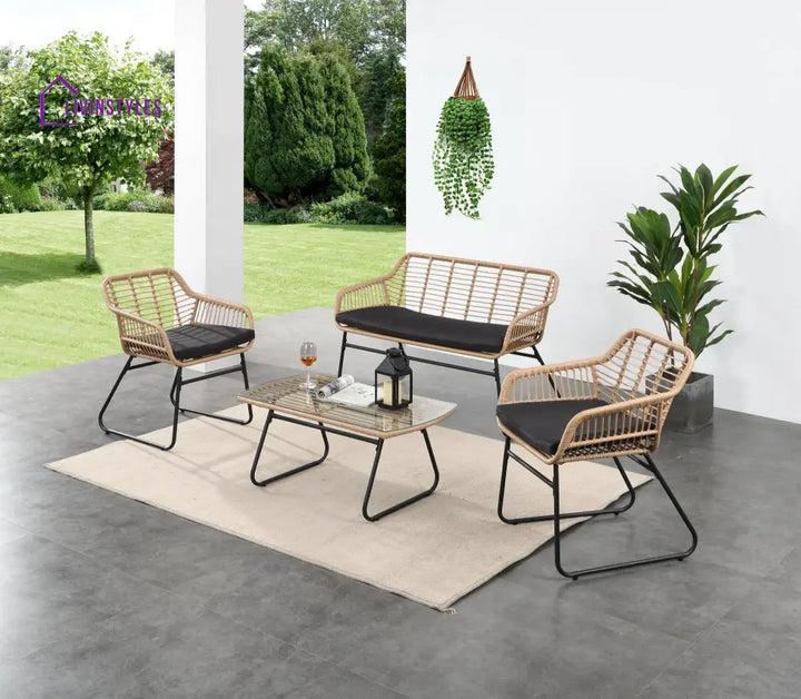 Drinus Outdoor Garden Balcony Sofa Set 2 Seater 2 Single seater and 1 Center Table Set (Black + Tan) - Sofa Sets