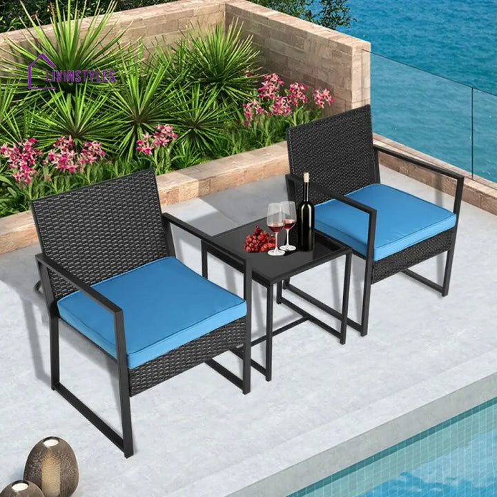 Drish Outdoor Patio Seating Set 2 Chairs and 1 Table Set (Black) - Blue - Coffee Table Sets