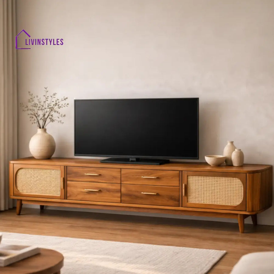 Dung Premium Solid Wood TV Unit with Cane Panel Cabinet