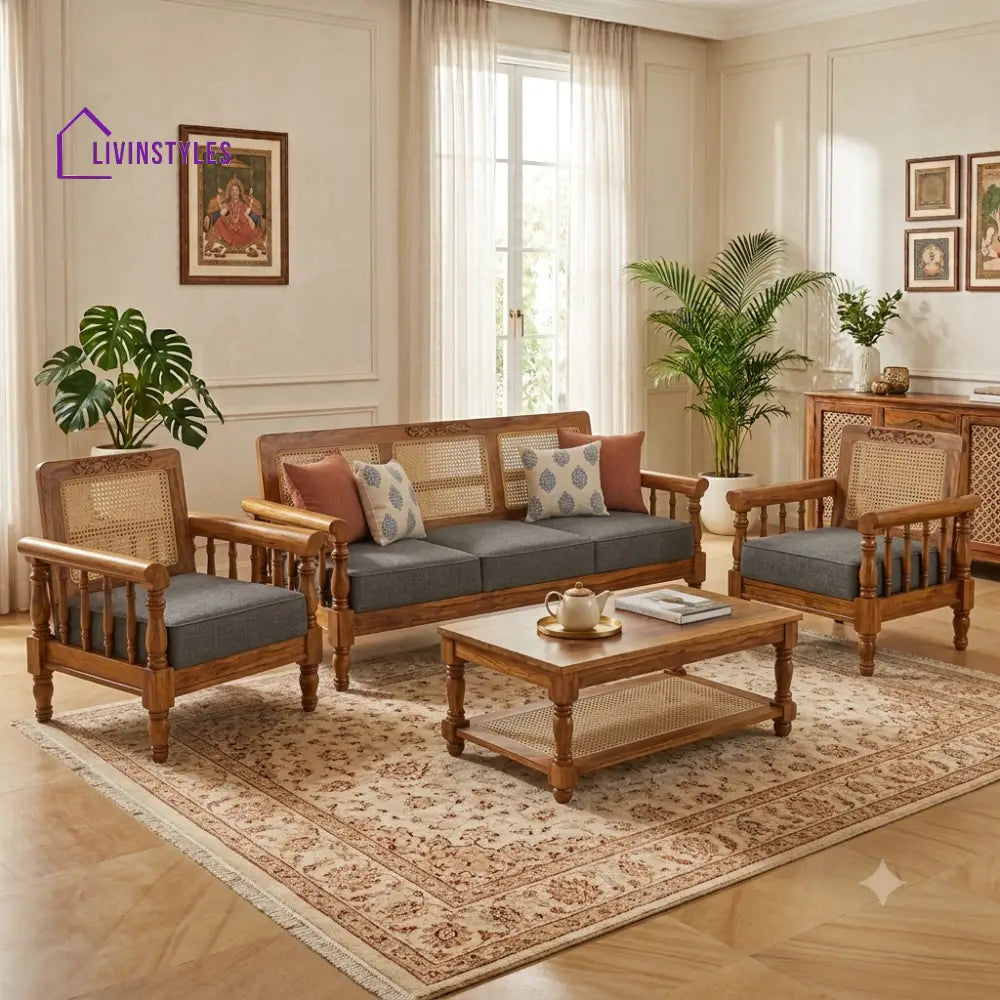 Durga Wooden Sofa Set | 3 + 1 + 1 Sheesham Wood Sofa Set for Living Room