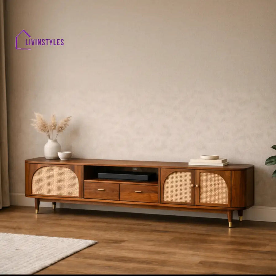 Duy Premium Solid Wood TV Unit with Cane Panel Cabinet