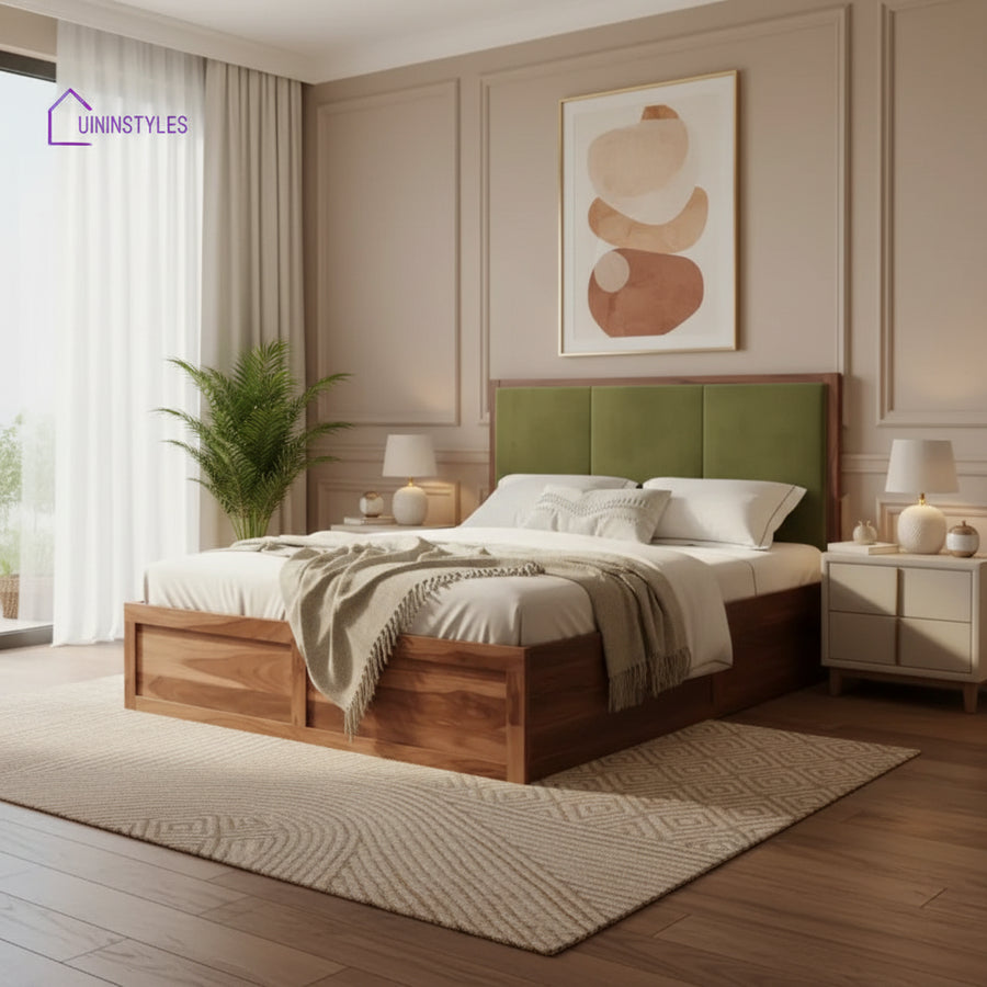 Duy Sheesham Wood Bed with Box Storage - King Size Green