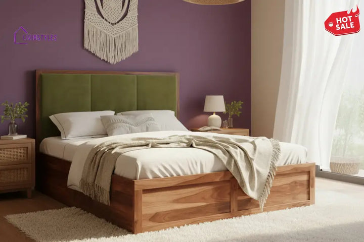 Duy Sheesham Wood Bed with Box Storage - King Size Green