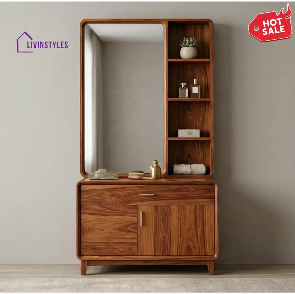 Dylan Sheesham Wood Dressing Table with Mirror and Storage (Honey Finish)