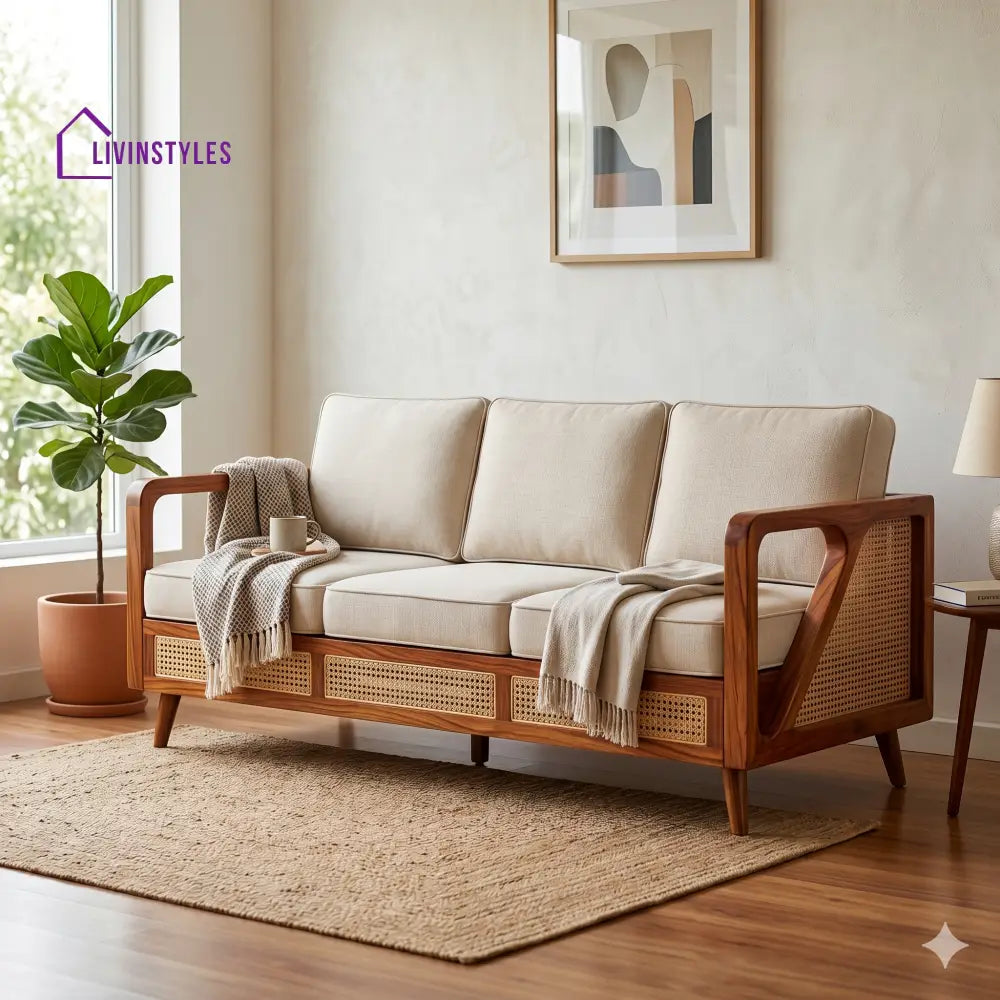 Dyuti Sheesham Wood and Cane Sofa for Living Room