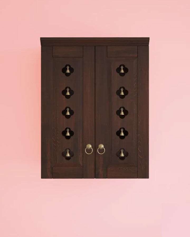 Elena - Traditional Pooja Mandir for Home with Doors, Brass Bells & Lamps | Handcrafted Wooden Home Temple