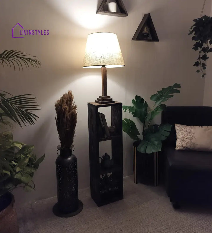 Ebenezer Wooden Floor Lamp With Brown Base And Beige Fabric Lampshade Lamps