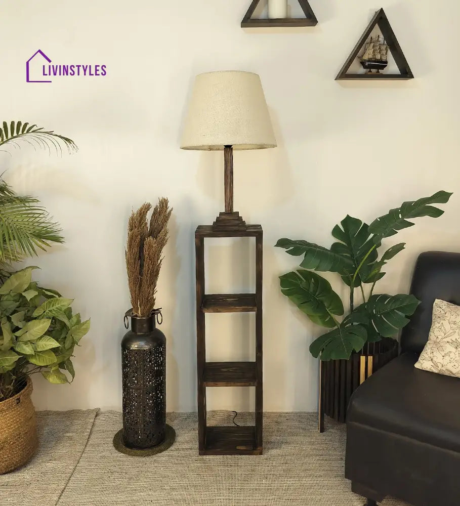 Ebenezer Wooden Floor Lamp With Brown Base And Beige Fabric Lampshade Lamps