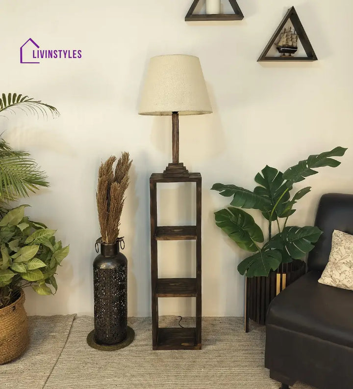 Ebenezer Wooden Floor Lamp With Brown Base And Beige Fabric Lampshade Lamps