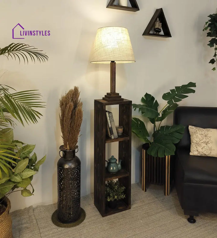 Ebenezer Wooden Floor Lamp With Brown Base And Beige Fabric Lampshade Lamps