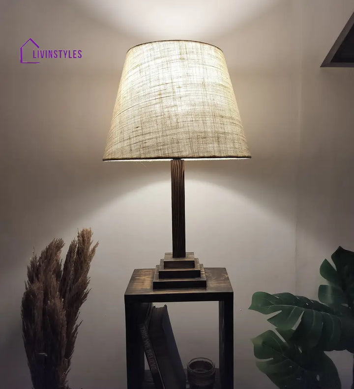 Ebenezer Wooden Floor Lamp With Brown Base And Beige Fabric Lampshade Lamps