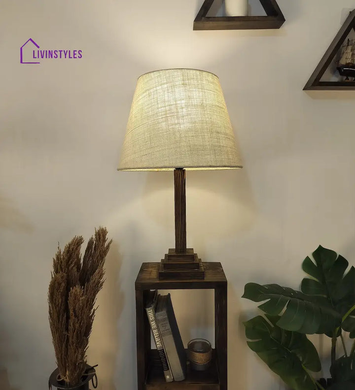 Ebenezer Wooden Floor Lamp With Brown Base And Beige Fabric Lampshade Lamps