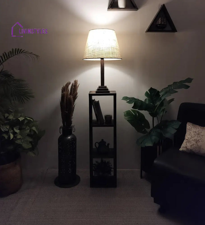 Ebenezer Wooden Floor Lamp With Brown Base And Beige Fabric Lampshade Lamps