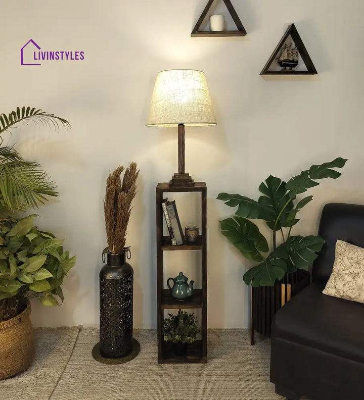 Ebenezer Wooden Floor Lamp With Brown Base And Beige Fabric Lampshade Lamps