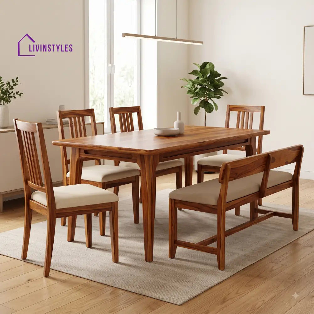 Ebere Wooden 6 Seater Dining Table Set | 4 Chairs and 1 Bench | Table 72 X 36 X 30 Inch