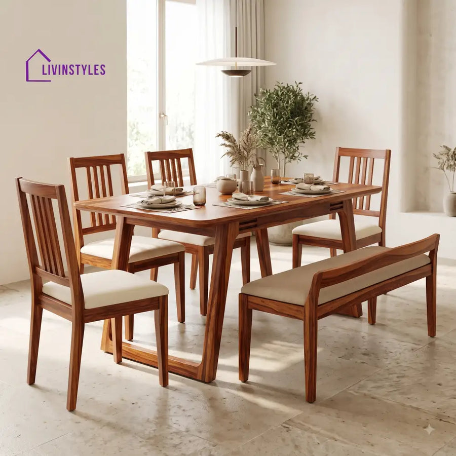 Eberechi Wooden 6 Seater Dining Table Set | 4 Chairs and 1 Bench | Table 72 X 36 X 30 Inch