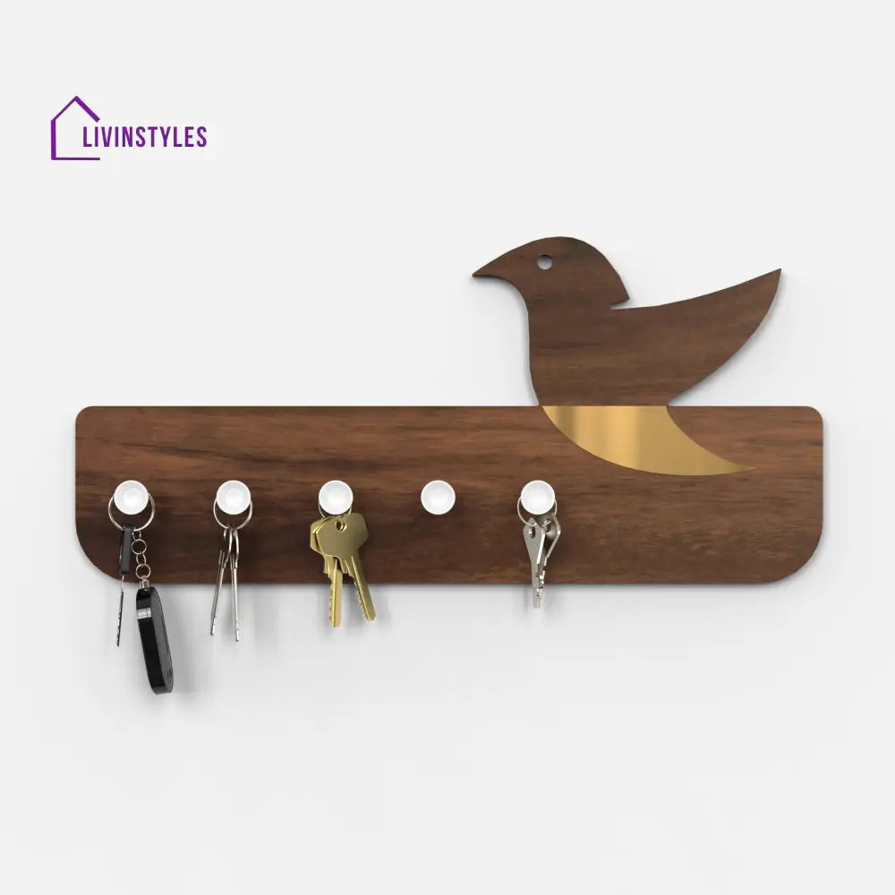 Edell Wall Mounted Decor Key Holder Hanger with 5 Knobs with a Bird Design (Brown Maple with White Knobs)