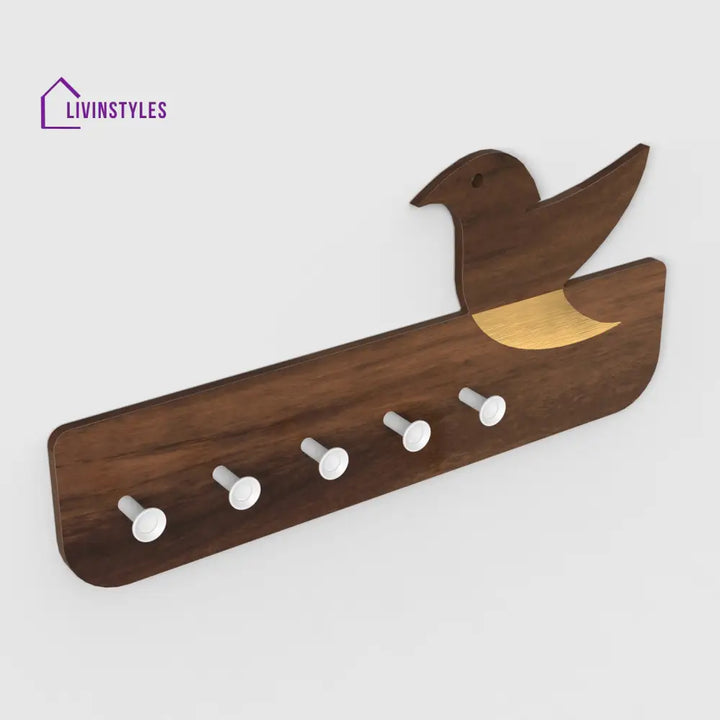 Edell Wall Mounted Decor Key Holder Hanger with 5 Knobs with a Bird Design (Brown Maple with White Knobs)