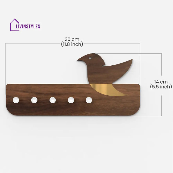 Edell Wall Mounted Decor Key Holder Hanger with 5 Knobs with a Bird Design (Brown Maple with White Knobs)