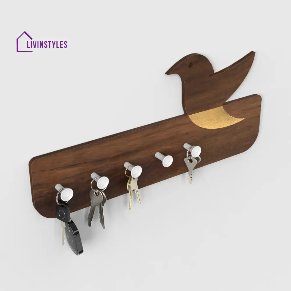 Edell Wall Mounted Decor Key Holder Hanger with 5 Knobs with a Bird Design (Brown Maple with White Knobs)