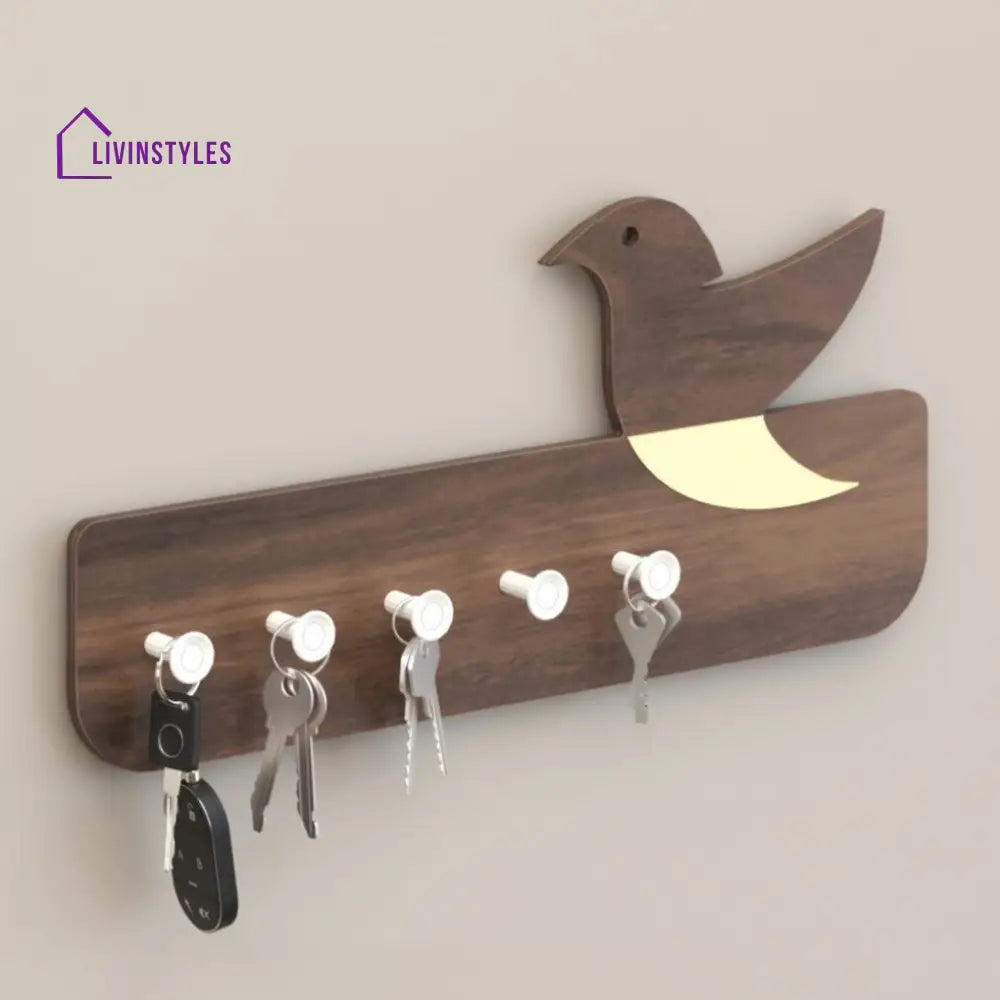 Edell Wall Mounted Decor Key Holder Hanger with 5 Knobs with a Bird Design (Brown Maple with White Knobs)