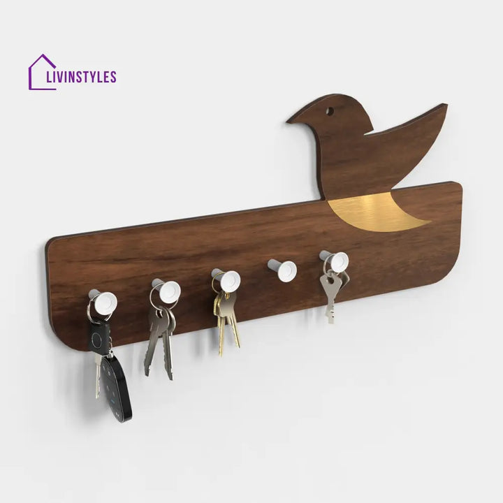Edell Wall Mounted Decor Key Holder Hanger with 5 Knobs with a Bird Design (Brown Maple with White Knobs)